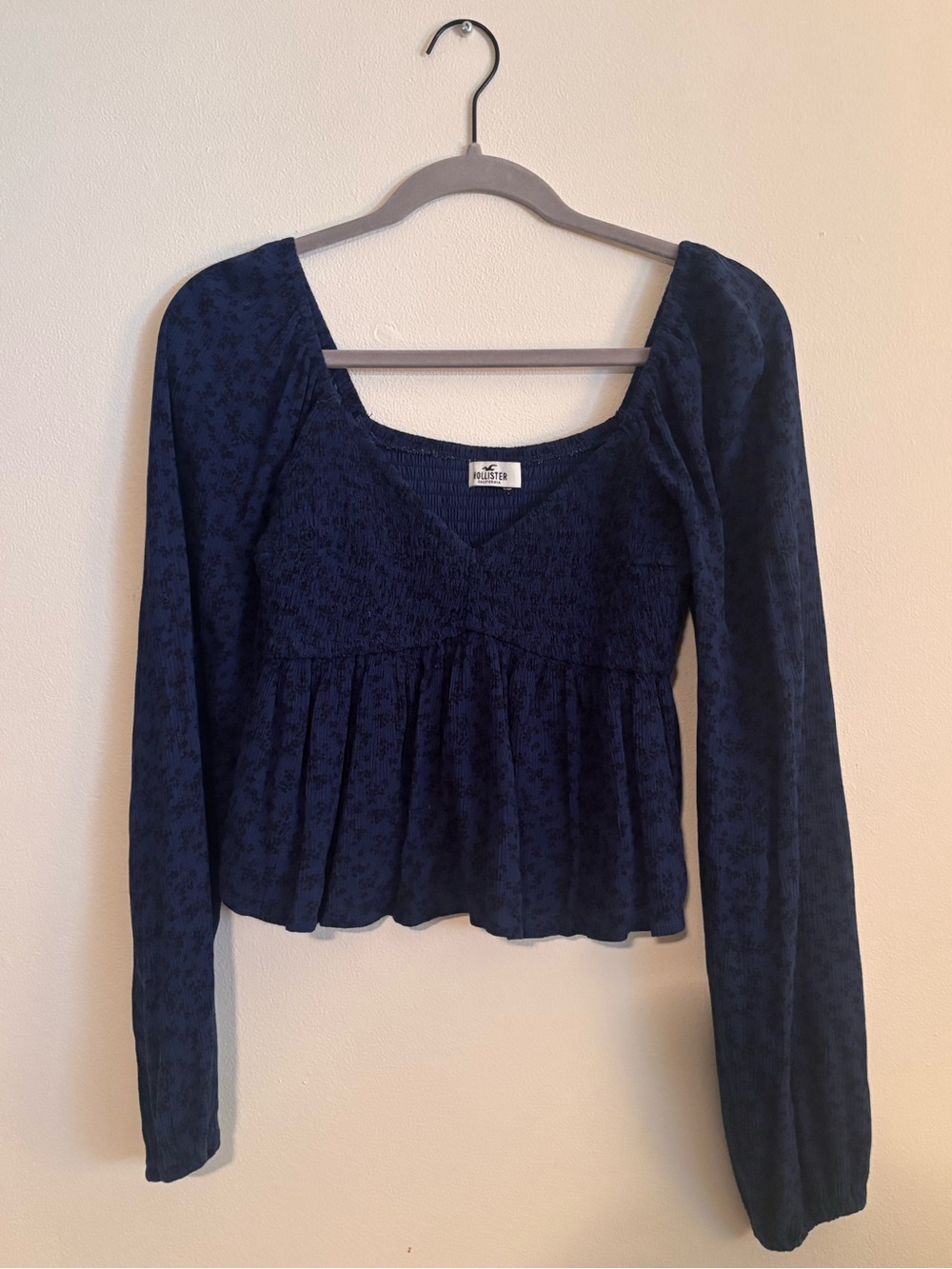 Hollister Navy Smocked Peplum Long Sleeve Top